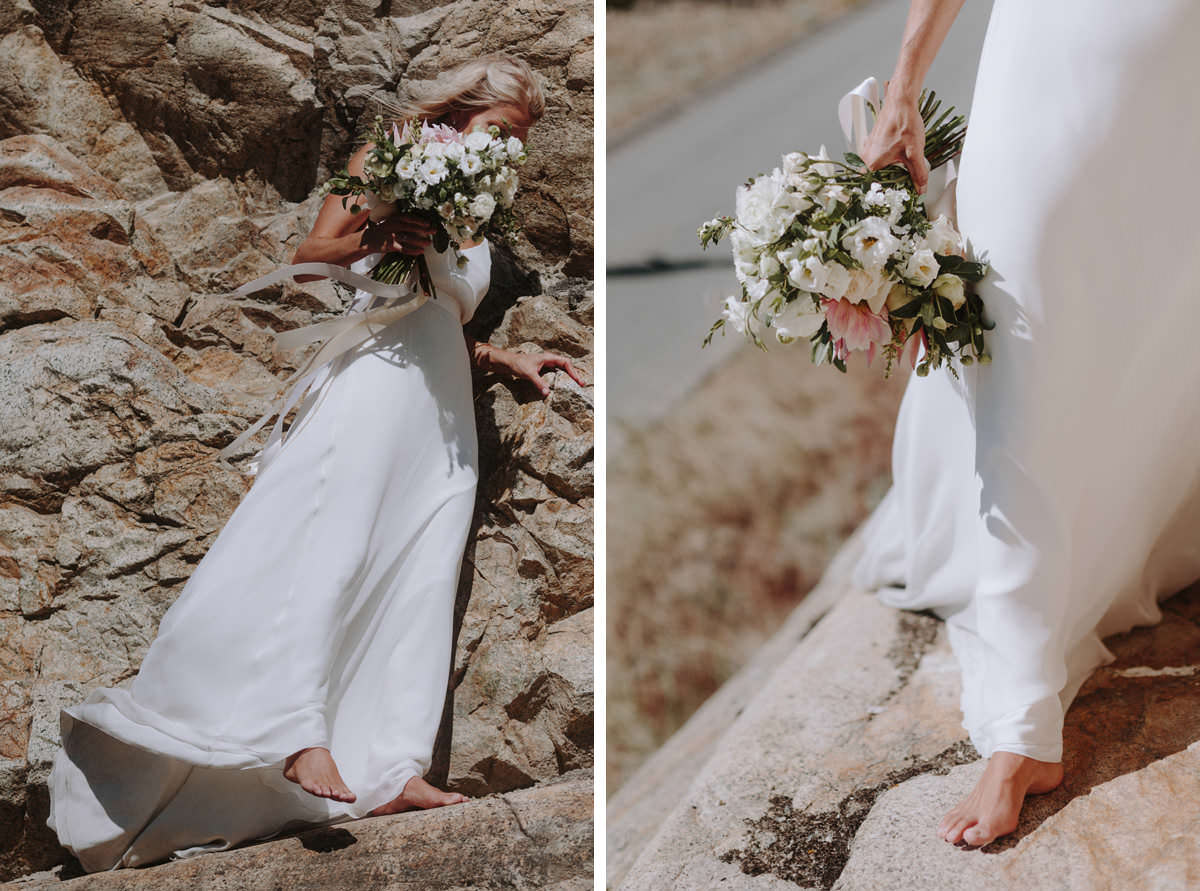 barefoot bride posing on a cliffside near god's mountain estate