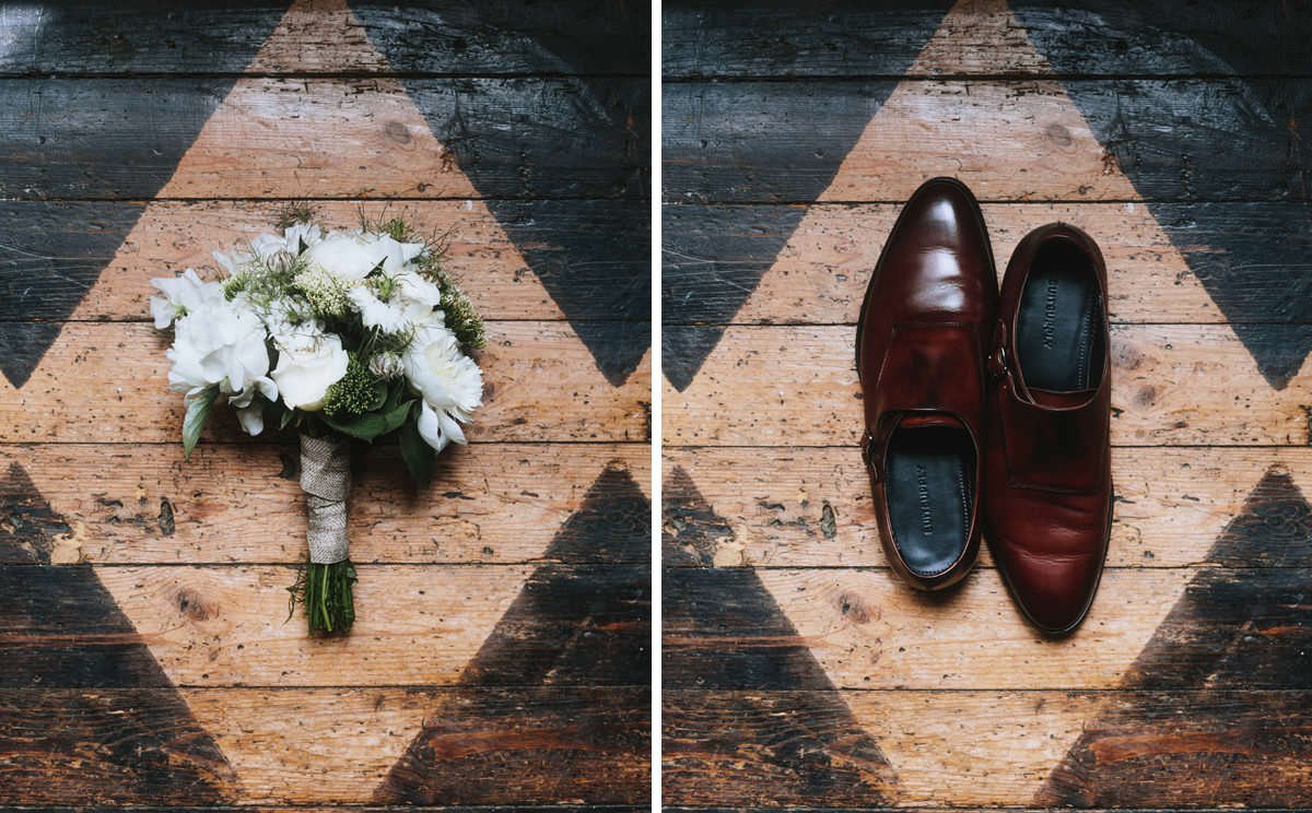 diptych of bouquet and groom's shoes