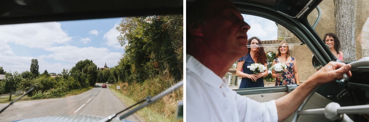 wedding guests arriving to chateau de lartigolle