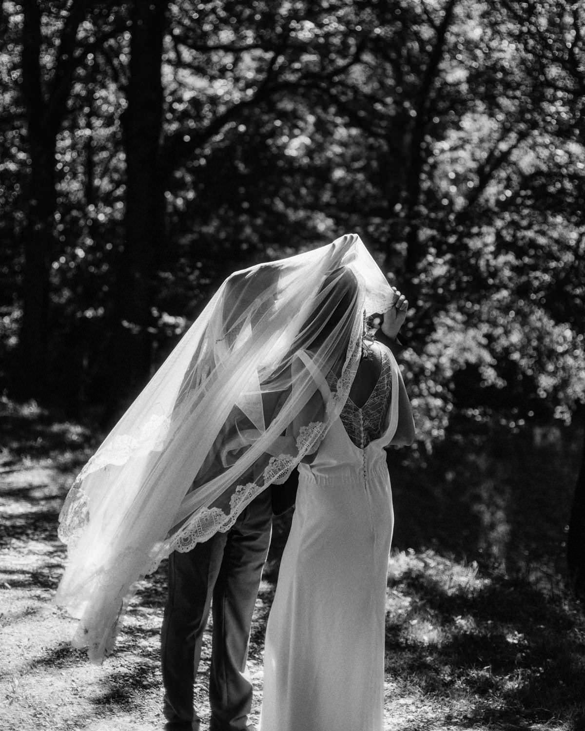 wedding couple posing underneath a veil