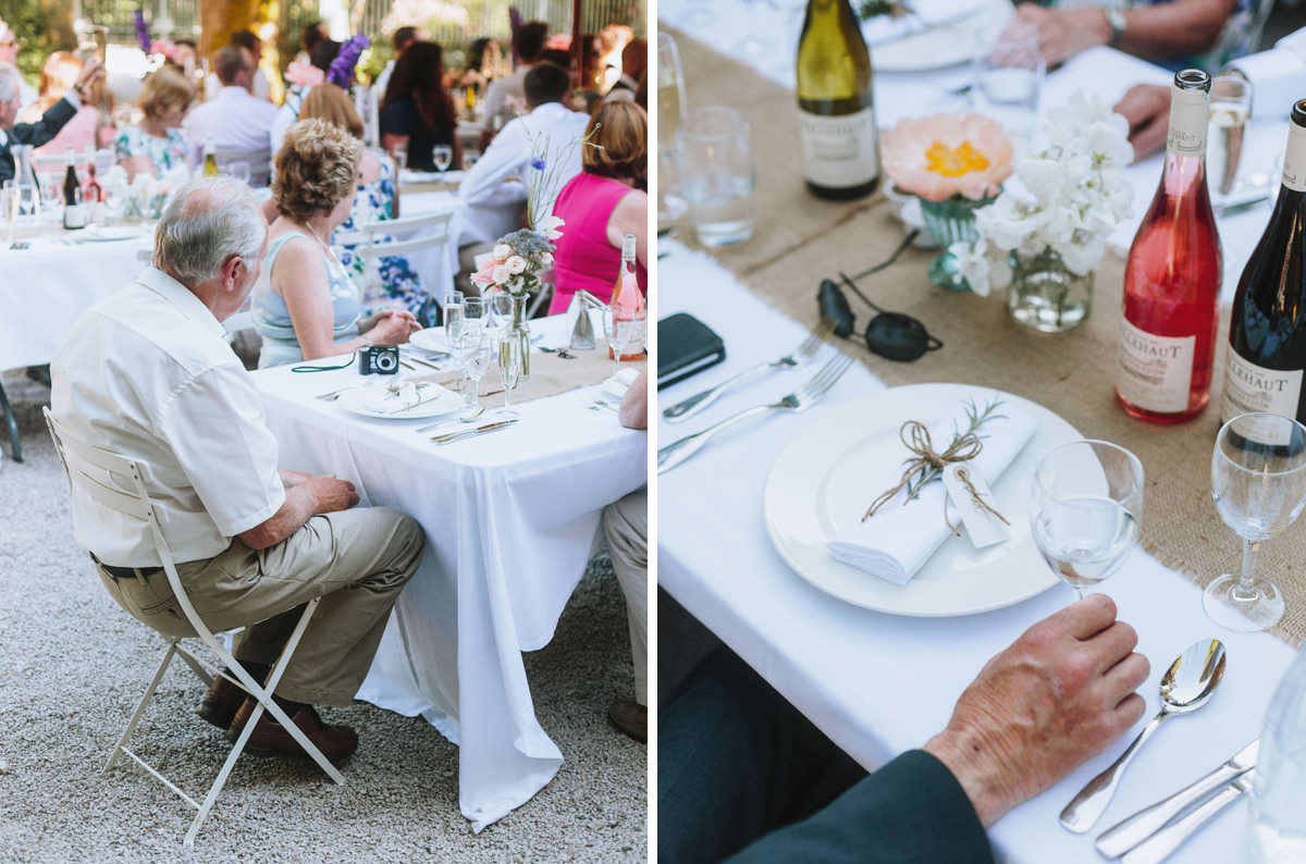 wedding guests at a dinner reception at chateau de lartigolle