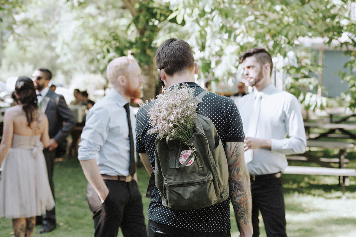 fjallraven backpack with lavender bouquet