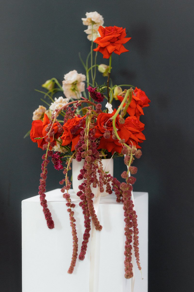 modern colour blocking statement florals on a white plinth