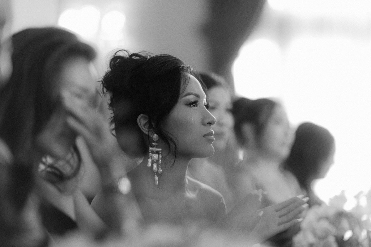 beautiful guest crying during a wedding ceremony in Los Angeles
