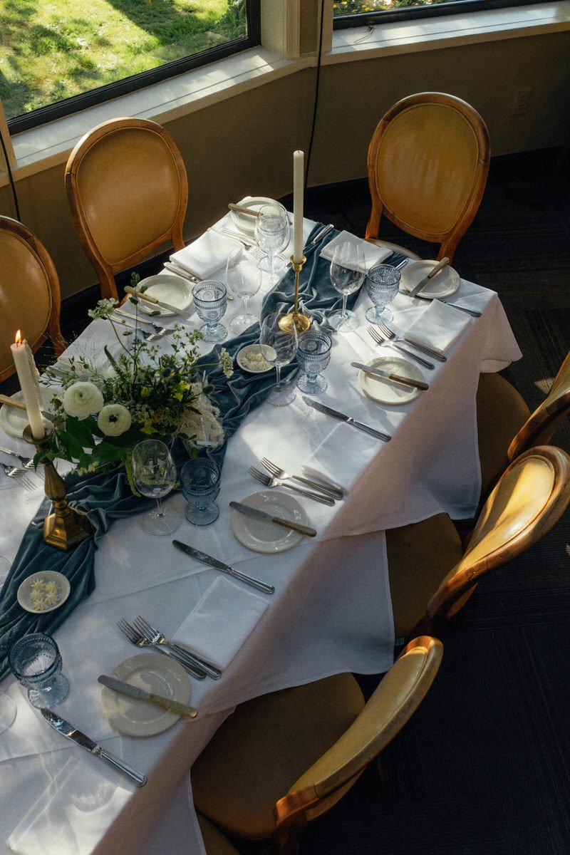 blue inspired tablescape with golden accents