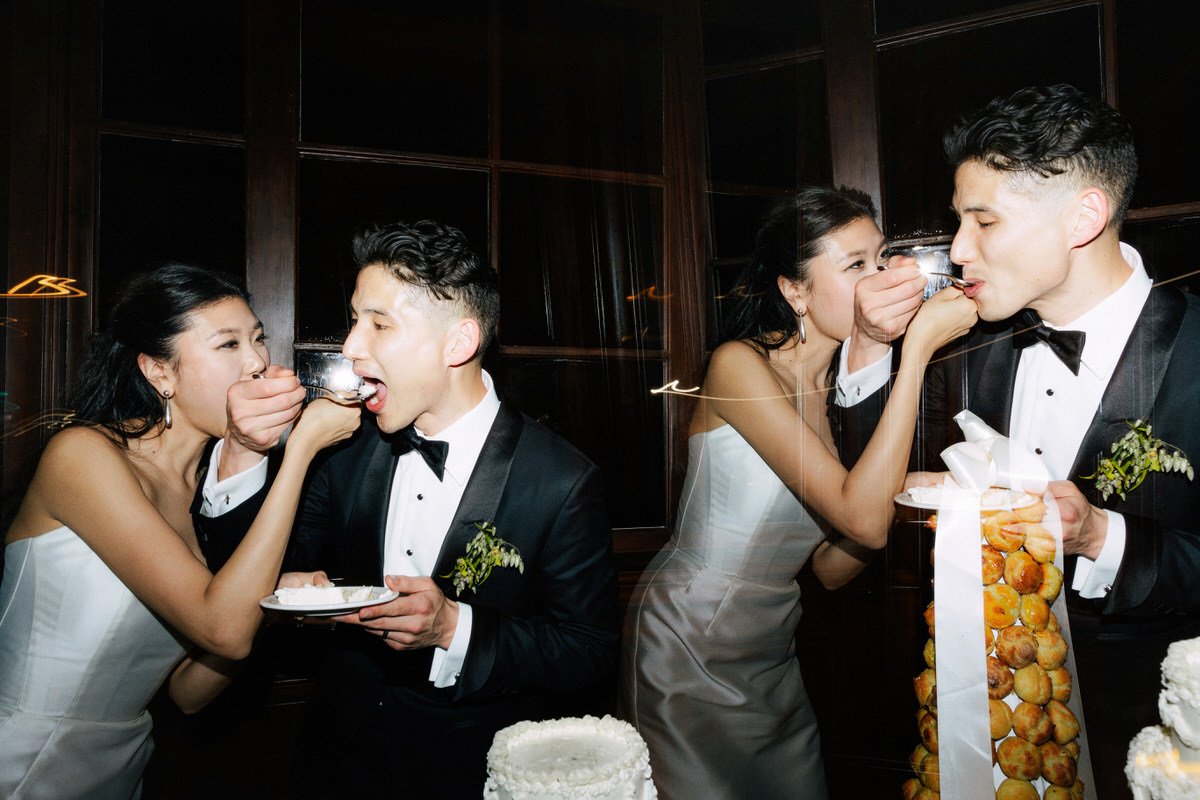 creative multiple exposure photo of bride and groom eating wedding cake
