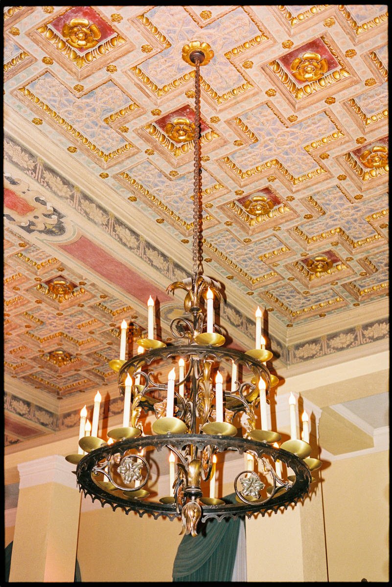 35mm film photo of chandelier hanging inside Ebell of LA