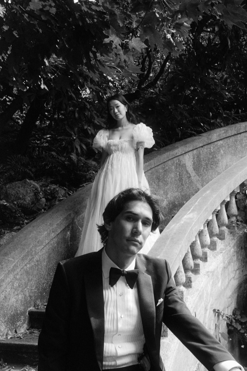 portrait of bride and groom with interesting perspective