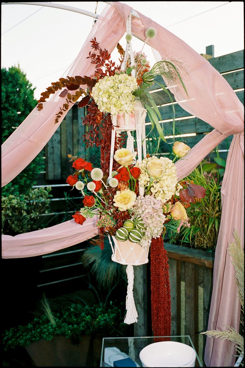modern hanging floral installation photographed on 35mm film