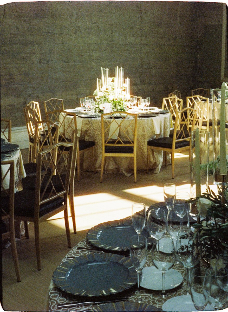 elegant wedding table settings at the Switch House by Cescaphe photographed on 35mm film