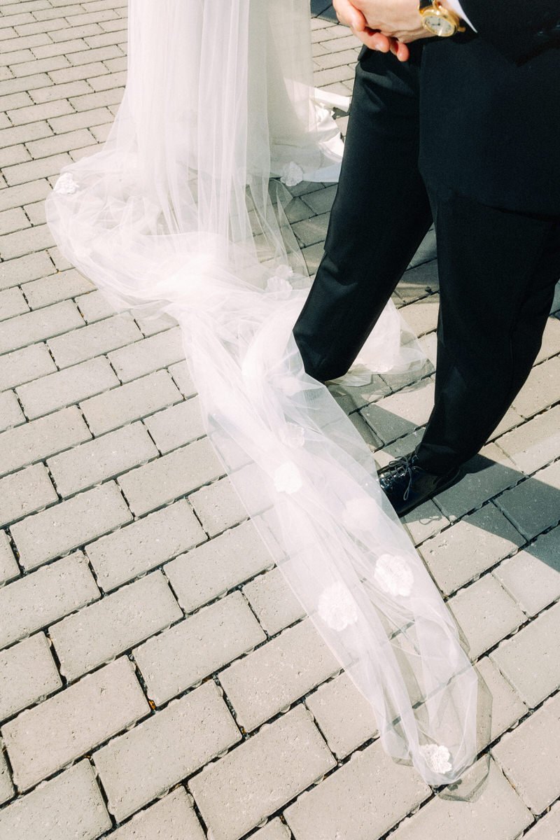 wedding veil with embroidered flowers trailing along the ground at the Battery PHL