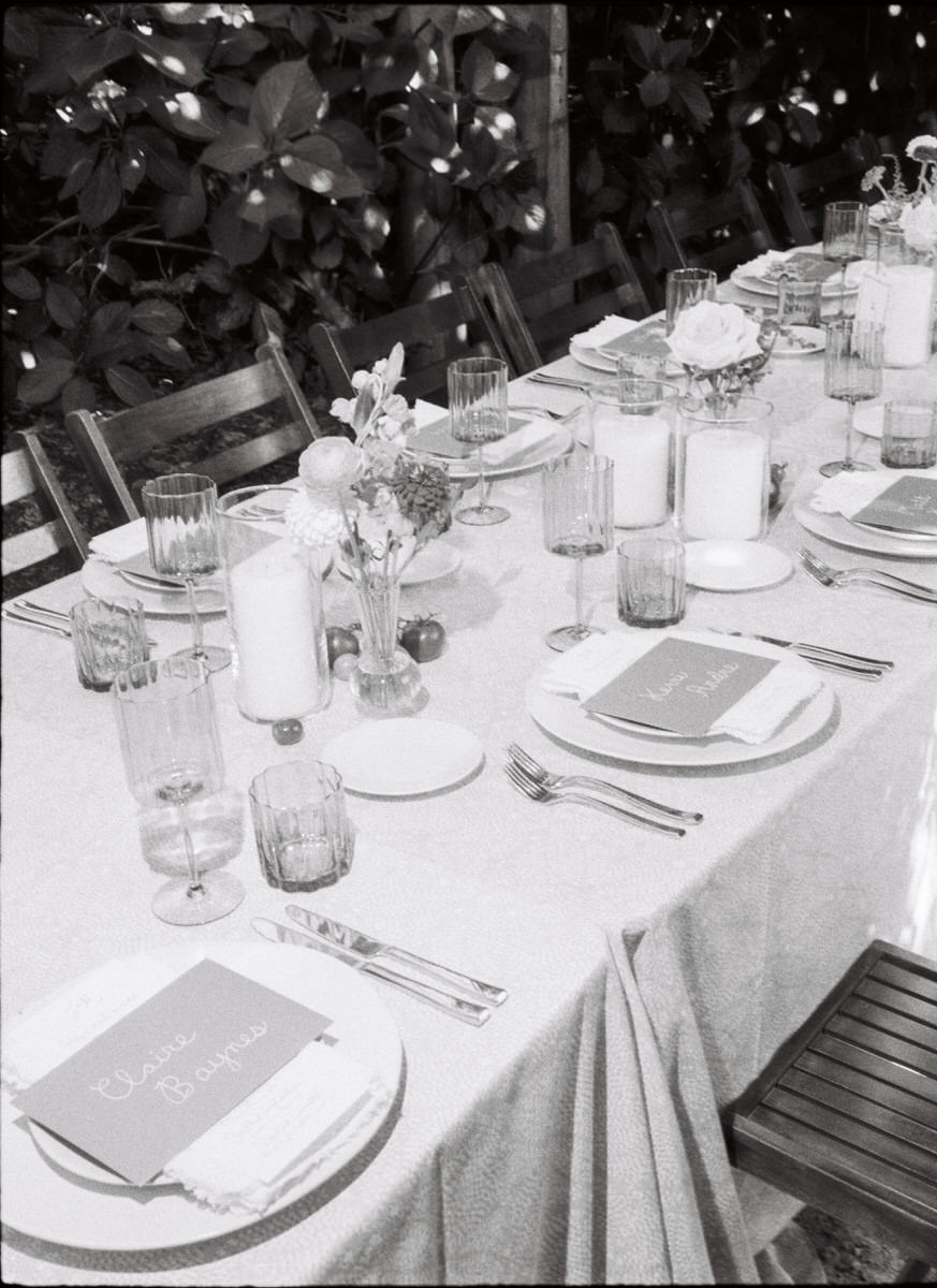 35mm film photo of long table settings at a UBC Botanical Garden wedding reception