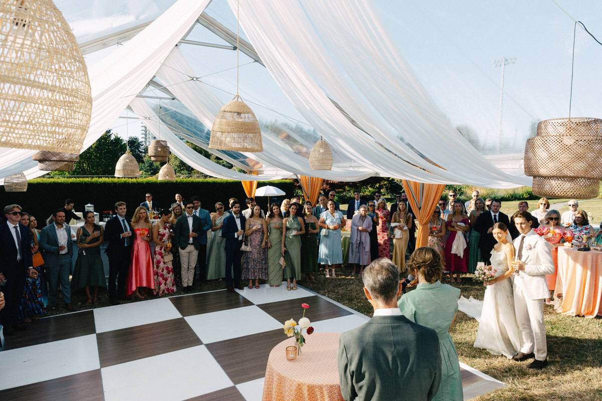 guests gathered for a wedding reception at UBC Botanical Garden
