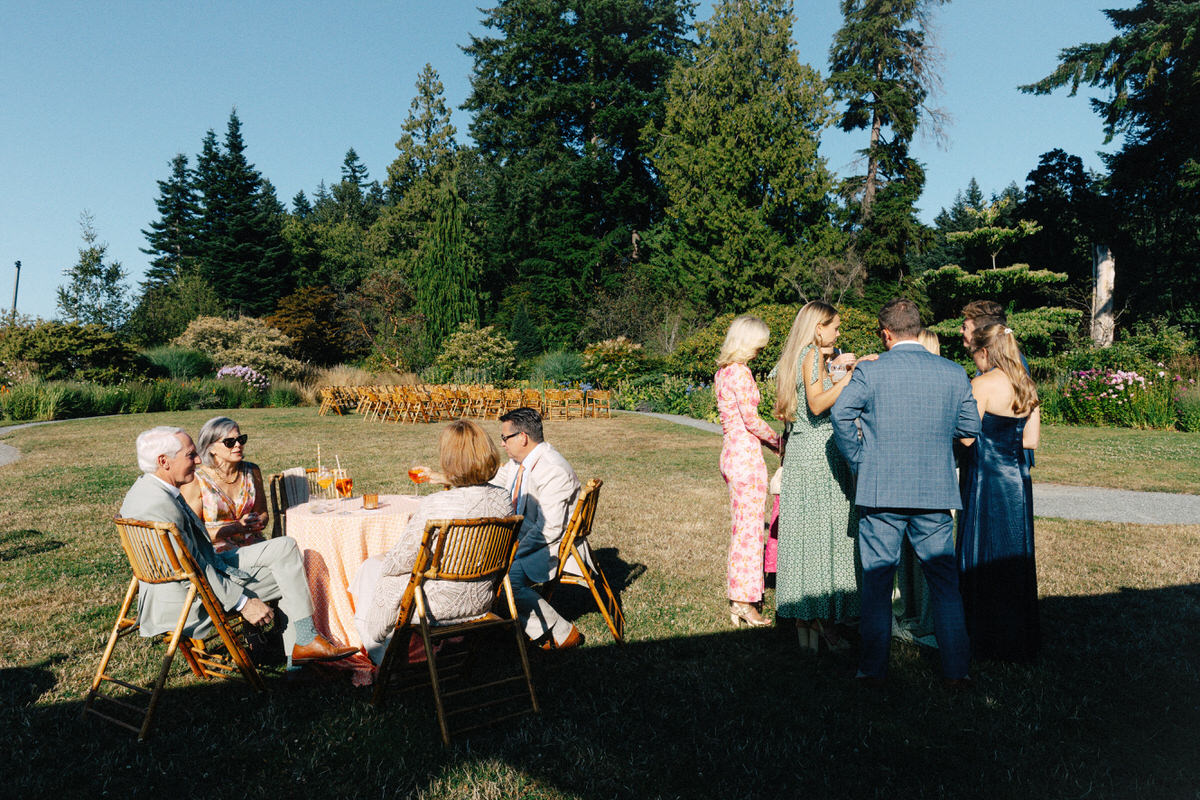 wedding guests during cocktail hour at UBC Botanical Garden Contemporary Lawn